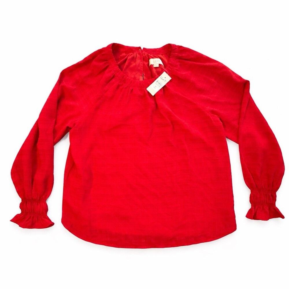 LOFT Red Blouse Womens Medium NWT Peasant Top Smocked Sleeve Stretch Lightweight - Picture 3 of 5